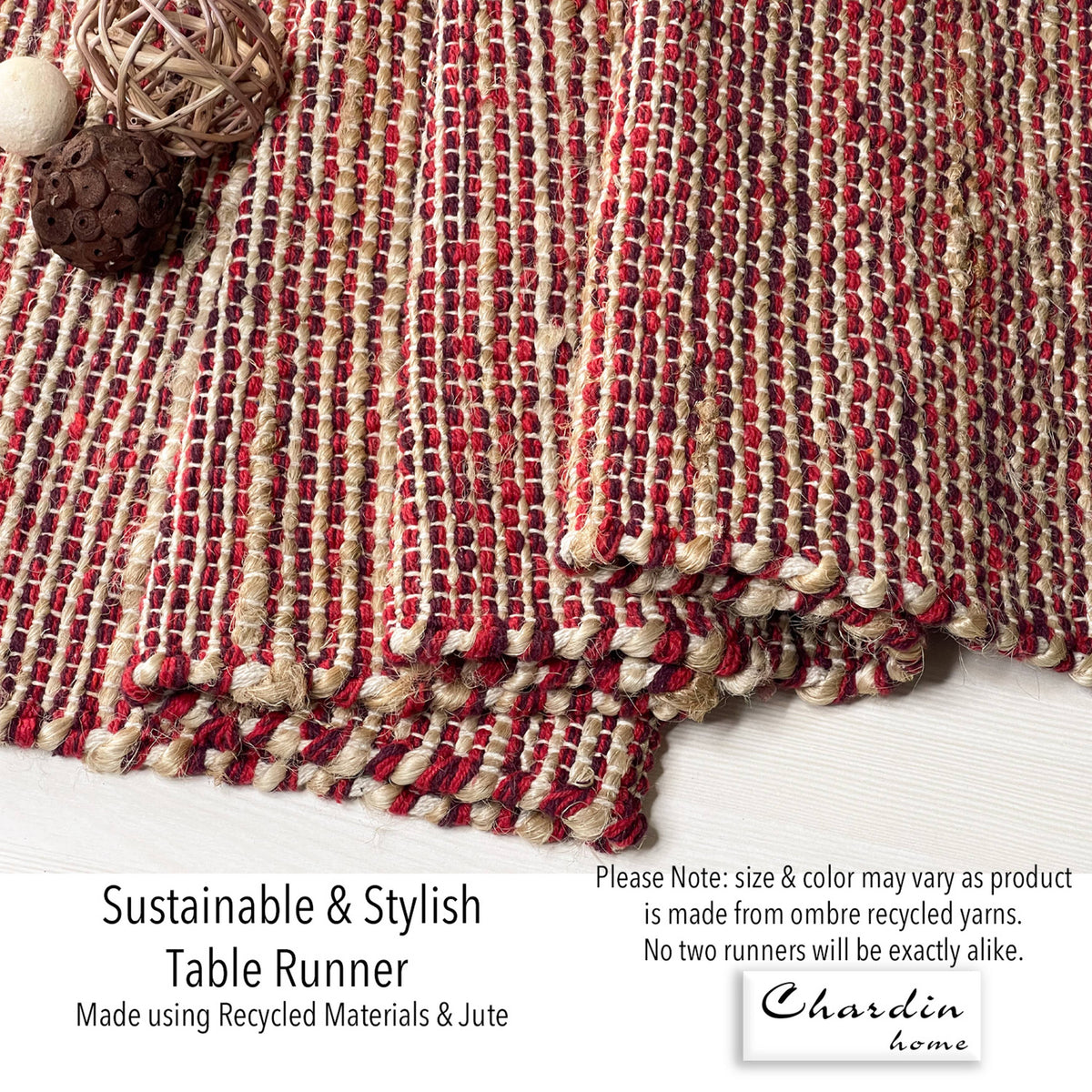 OMBRE TABLE RUNNER, NATURAL JUTE-RED, 13''x48''.