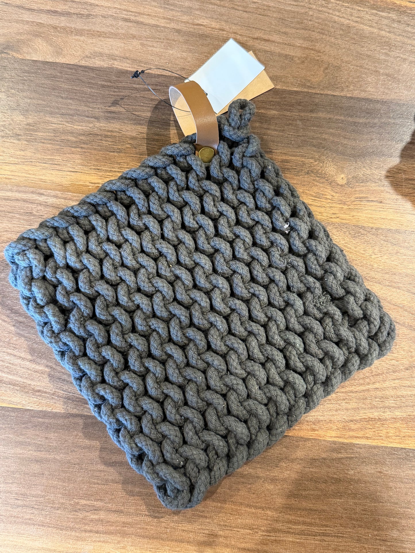 8” Crocheted Cotton Pot Holders w/Leather Loop
