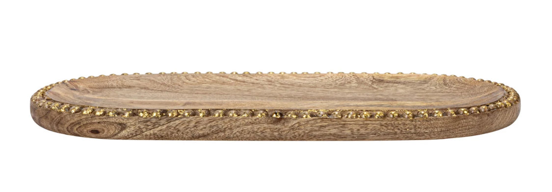 Hand-Carved Mango Wood Tray w/Wood Beads & Gold Finish