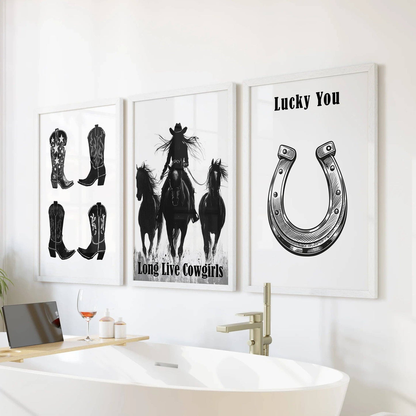 8” x 10” Black White Western Cowgirl Wall Art. Rustic Ranch Decor-set/3-No Frames