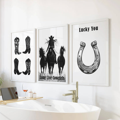 8” x 10” Black White Western Cowgirl Wall Art. Rustic Ranch Decor-set/3-No Frames