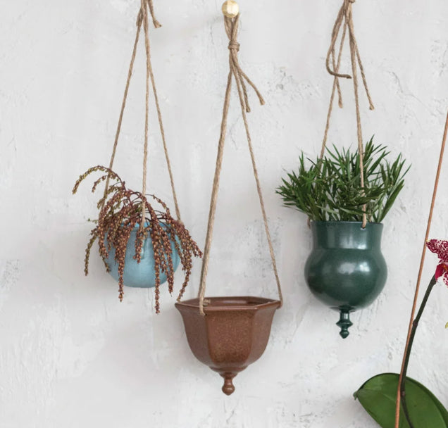 Hanging Stoneware Planter W/Jute Rope Hangers