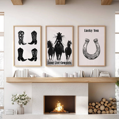 8” x 10” Black White Western Cowgirl Wall Art. Rustic Ranch Decor-set/3-No Frames