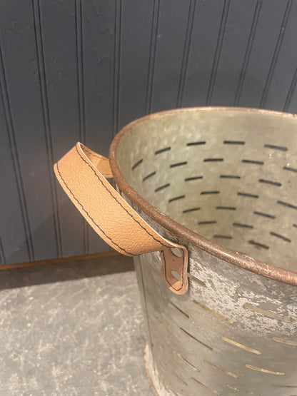 Galvanized Bucket w/ Leather Handles-Med