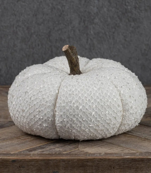 7.5” White Frayed Ribbon Fabric Pumpkin w/Faux Wood Stem