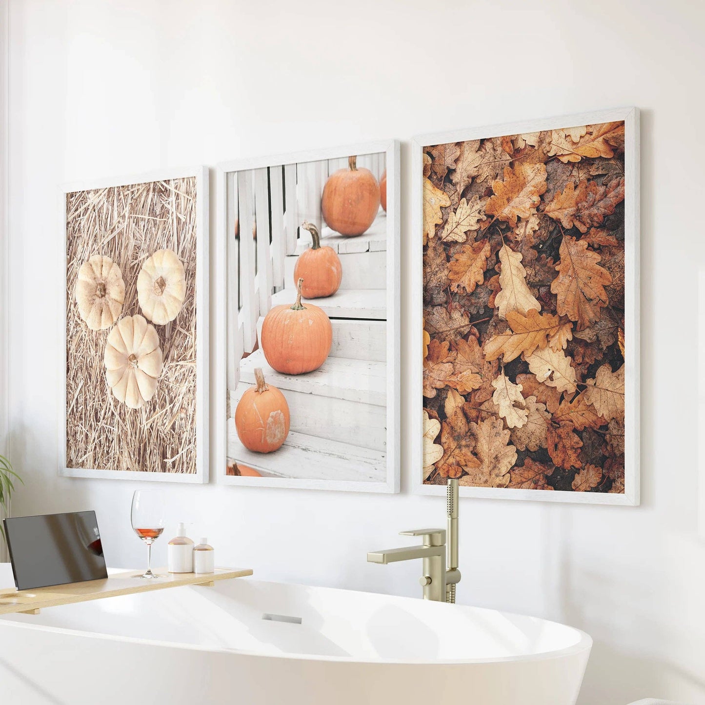 8” x 10” Cozy Fall Wall Art. Pumpkins and Autumn Leaves-Set/3-No Frames
