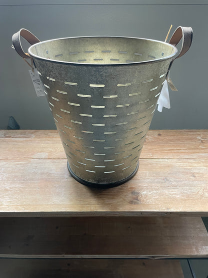 Galvanized Bucket w/ Leather Handles-Lg