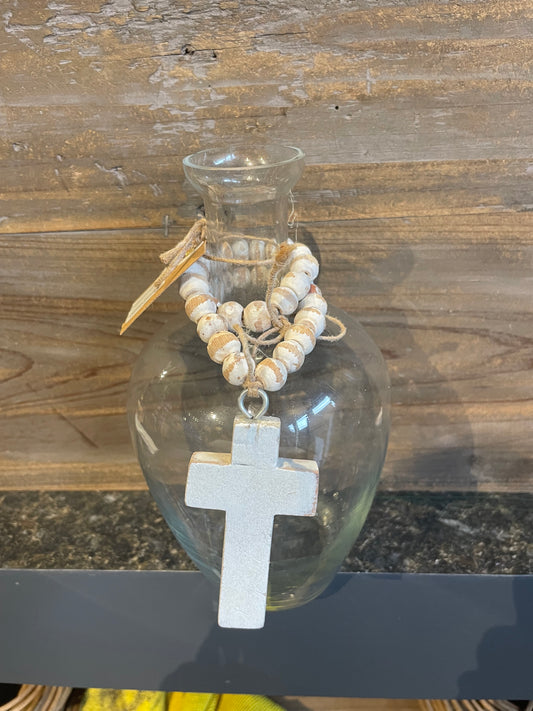 Glass Vase w/Wood Beads and Cross