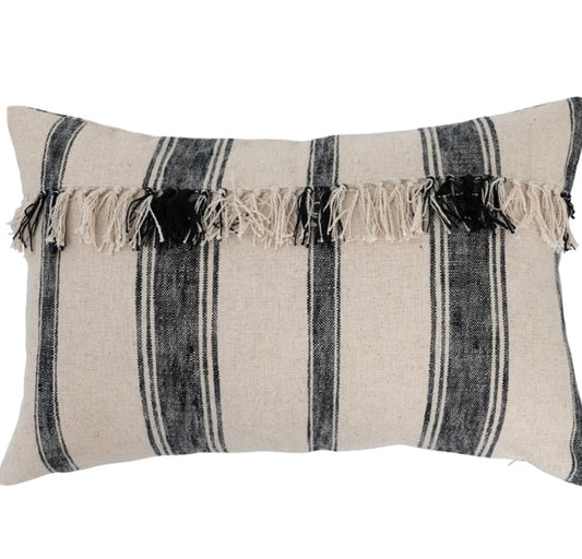 Black/Natural Woven Cotton Striped Pillow w/Findge