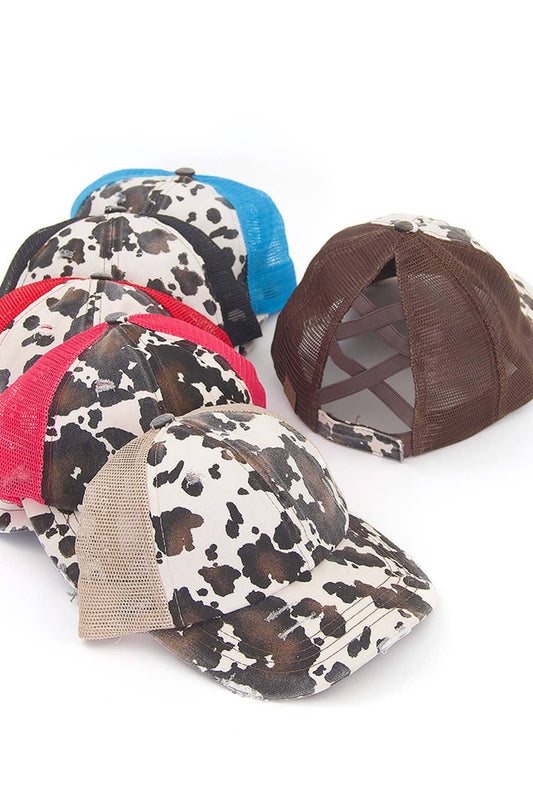 C.C Cow Print Mesh Criss Cross Ponytail Baseball Cap