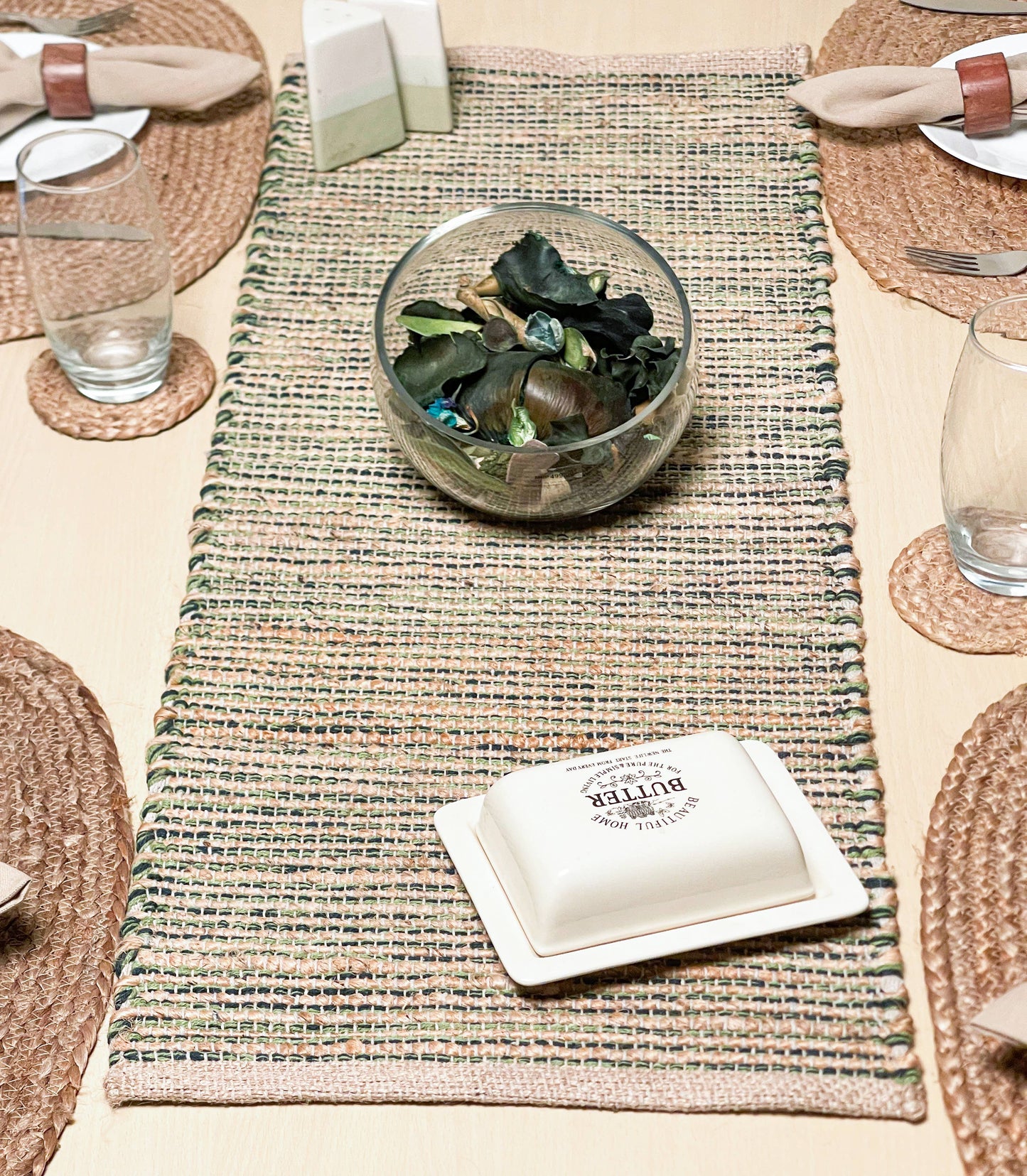 OMBRE TABLE RUNNER, NATURAL JUTE-GREEN, 13''x48''.