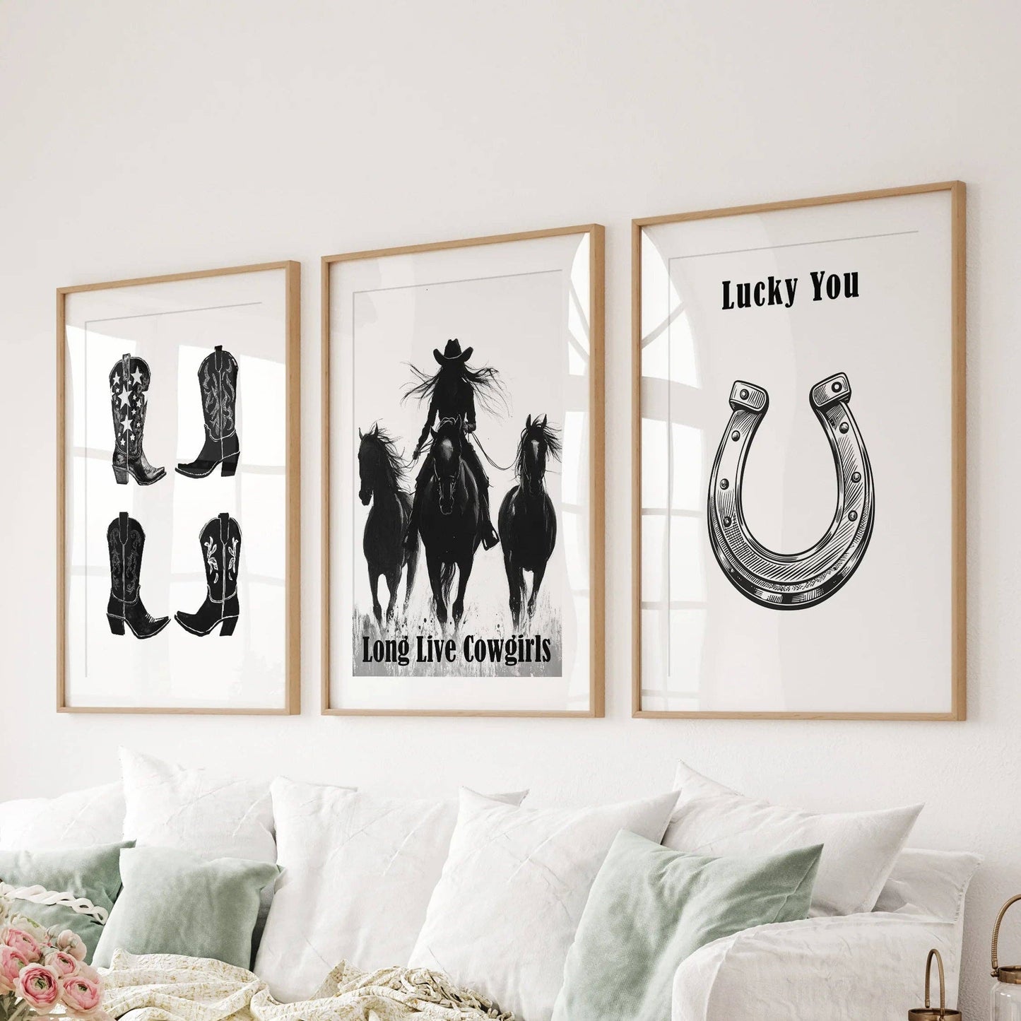 8” x 10” Black White Western Cowgirl Wall Art. Rustic Ranch Decor-set/3-No Frames