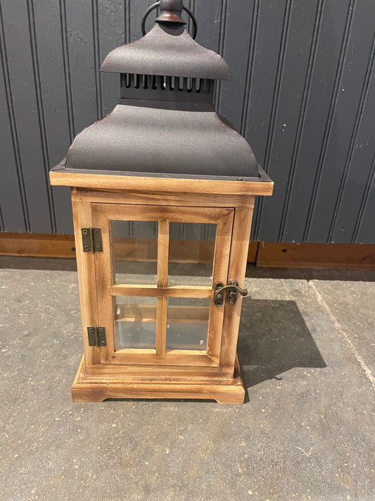 16” Wood Lantern w/ Metal Top