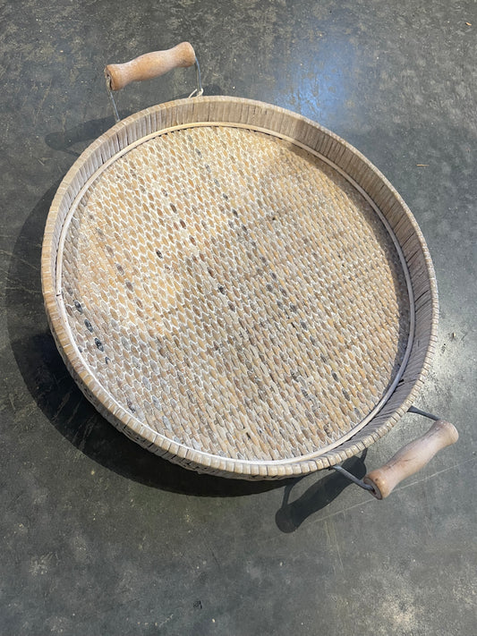 14” Round Whitewash Wicker Tray w/ Handles