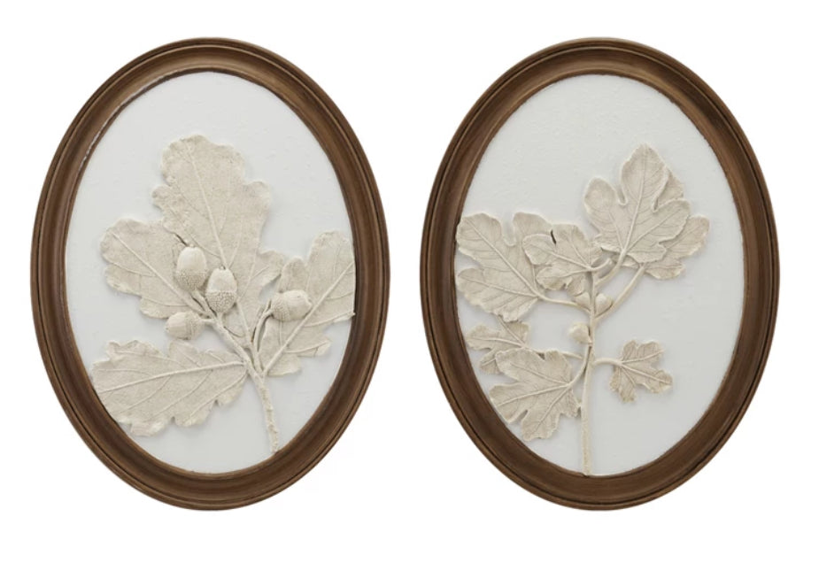 Oval Wood Framed Wall Decor w/Plaster Cast Leaves & Acorns
