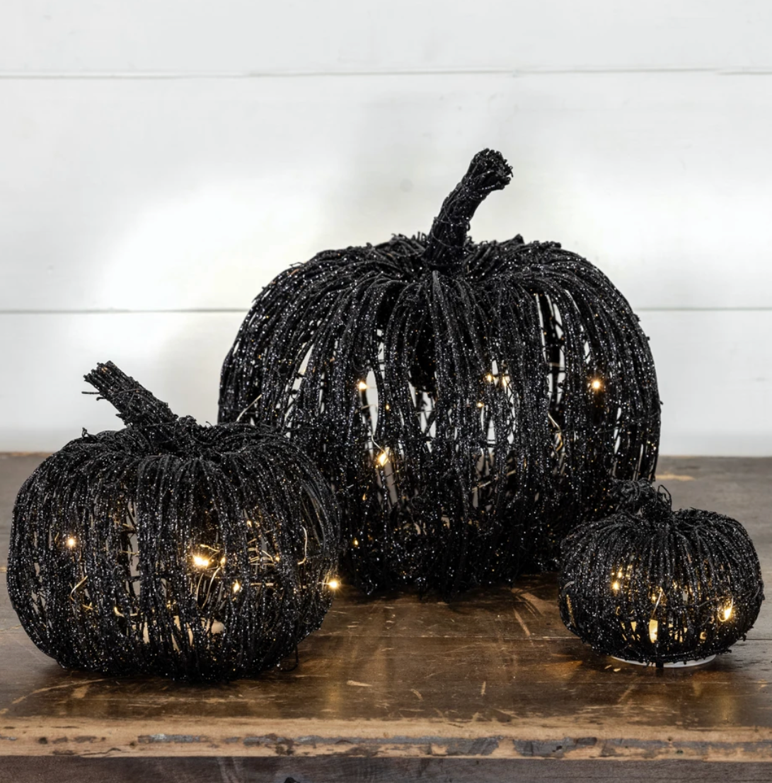 4.5” Lighted Black Glitter Rattan Pumpkin