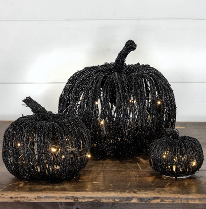4.5” Lighted Black Glitter Rattan Pumpkin