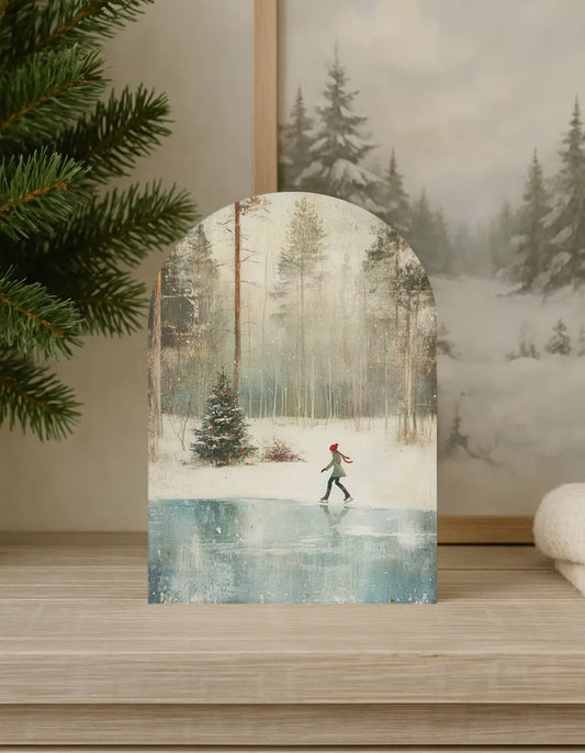 10”x7” Ice Skater Arch Wood Print-Vintage Winter Holiday