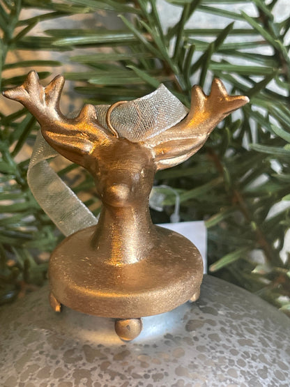 Silver Mercury Ball Ornament w/Gold Peace and Deer Head