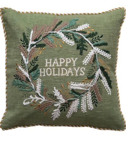 18” Square cotton Pillow w/Wreath, Embroidery & Piping