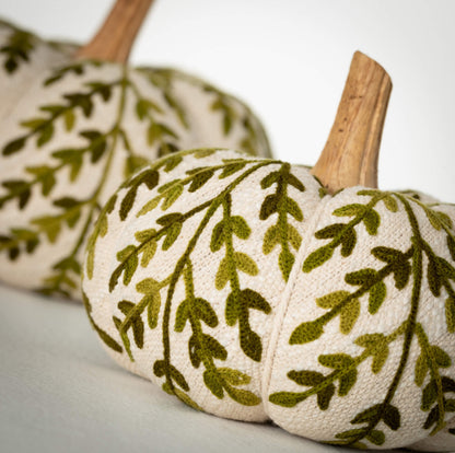 Cream Plush Pumpkin w/Green Leaf Design- Lg