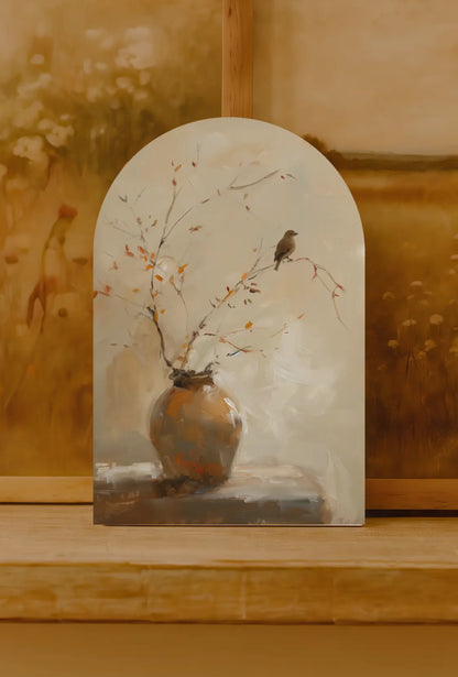 Bird & Terracotta Vase Arch Sign-Soft Autumn Still Life
