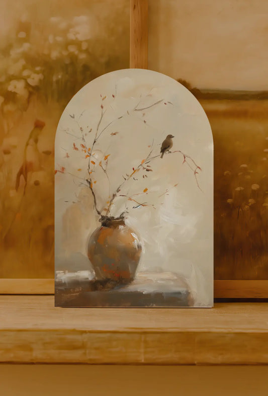 Bird & Terracotta Vase Arch Sign-Soft Autumn Still Life