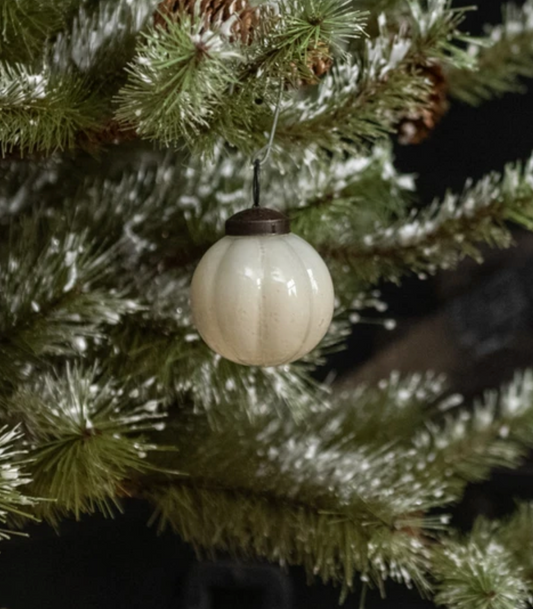2” Ivory Ribbed Glass Ornament