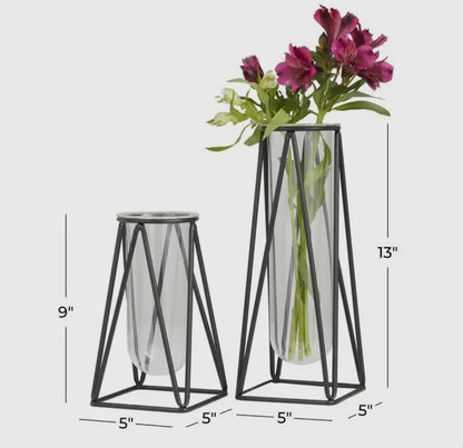 Glass Tube Vase w/Black Metal Strand-Sm