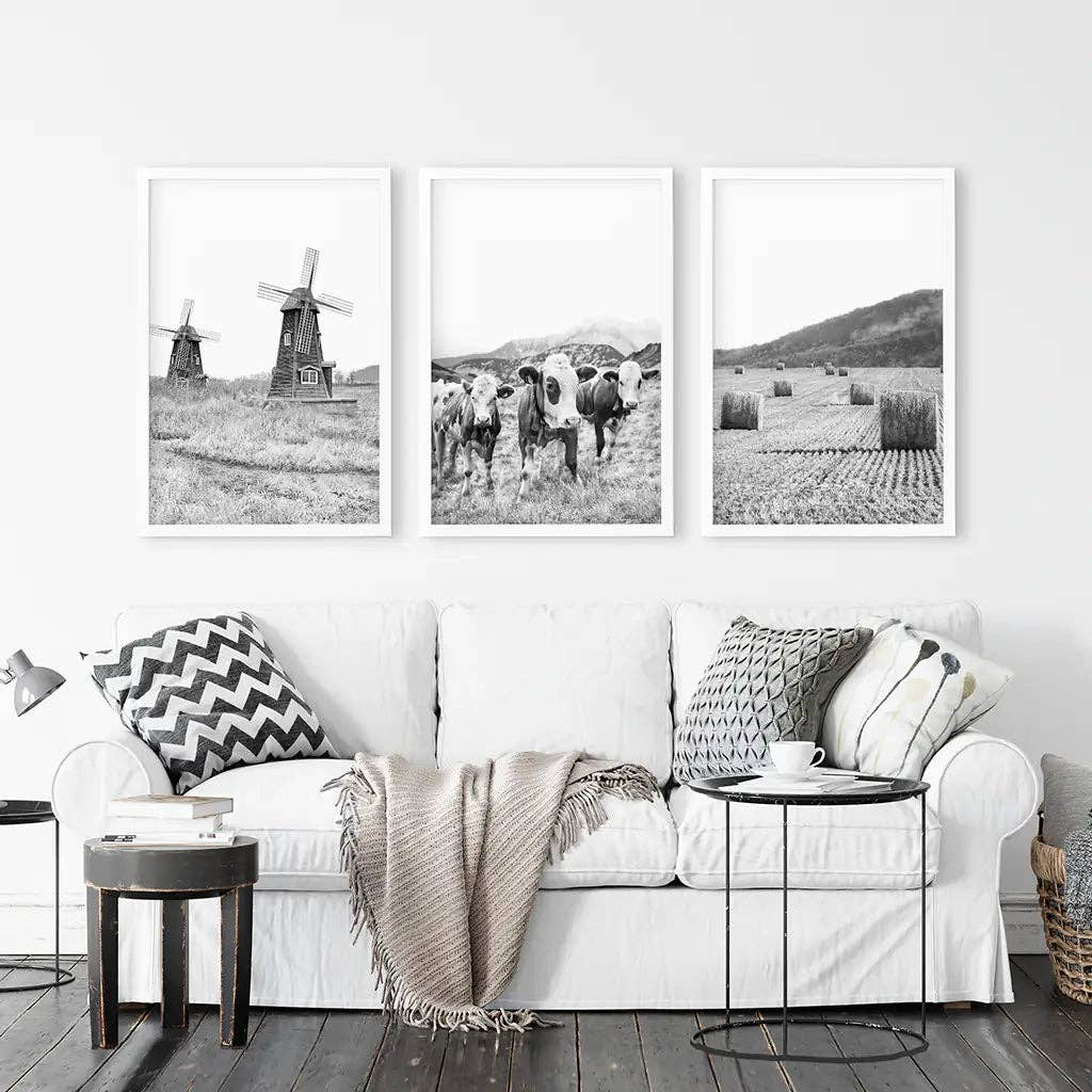 8” x 10” Farmhouse Black White Wall Art. Windmill, 3 Cows, Hay Bales-sold  separately- No Frame