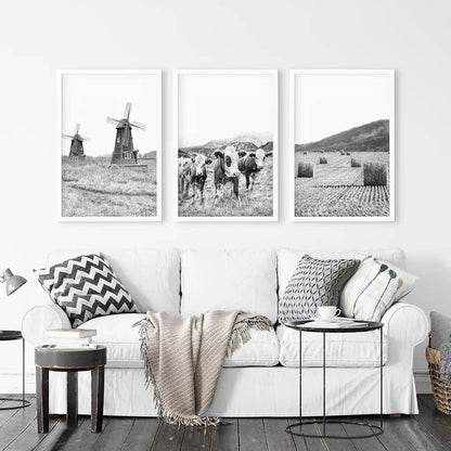 8” x 10” Farmhouse Black White Wall Art. Windmill, 3 Cows, Hay Bales-sold  separately- No Frame