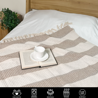 WAFFLE STRIPE THROW, BEIGE-IVORY, 50''x60''