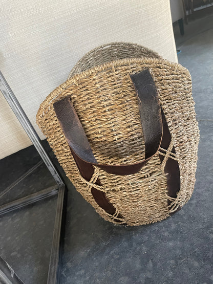 Oval Wicker Basket w/Leather Handles