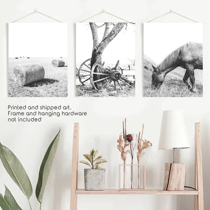 8” x 10” Black White Farm House Wall Décor. Horse Print. Hay Bales-Sold seperately-No Frame