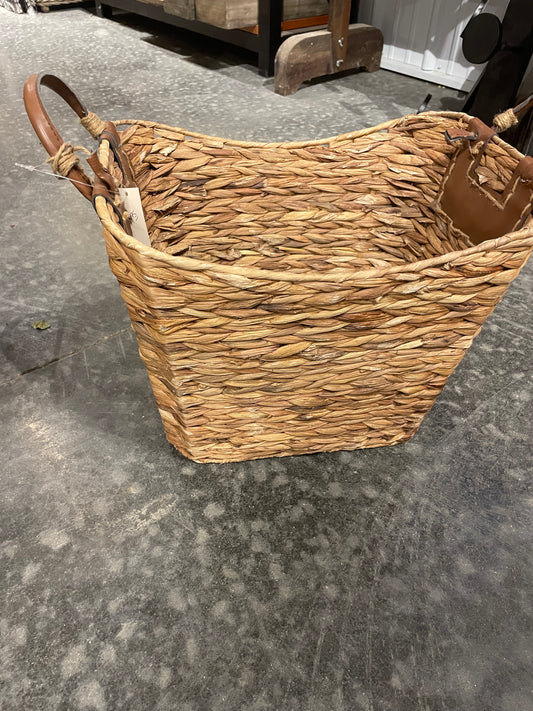 Wicker Rectangle Basket w/Leather Handles