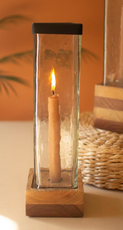 Square Glass & Wood Taper Holder