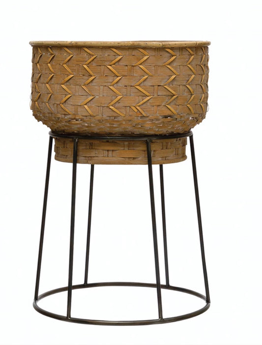 Hand-Woven Rattan Planter w/Metal Stand