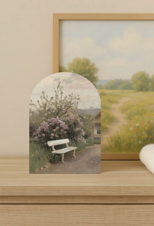 10”x7” Garden Bench in Bloom Vintage Wood Arch Sign
