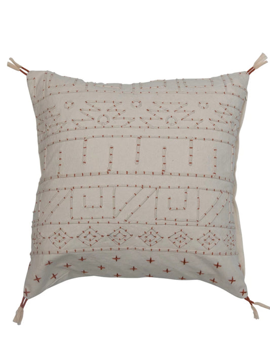 18” Square Cotton Embroidered Pillow w/Piping & Tassels