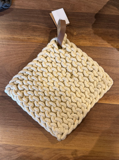 8” Crocheted Cotton Pot Holders w/Leather Loop