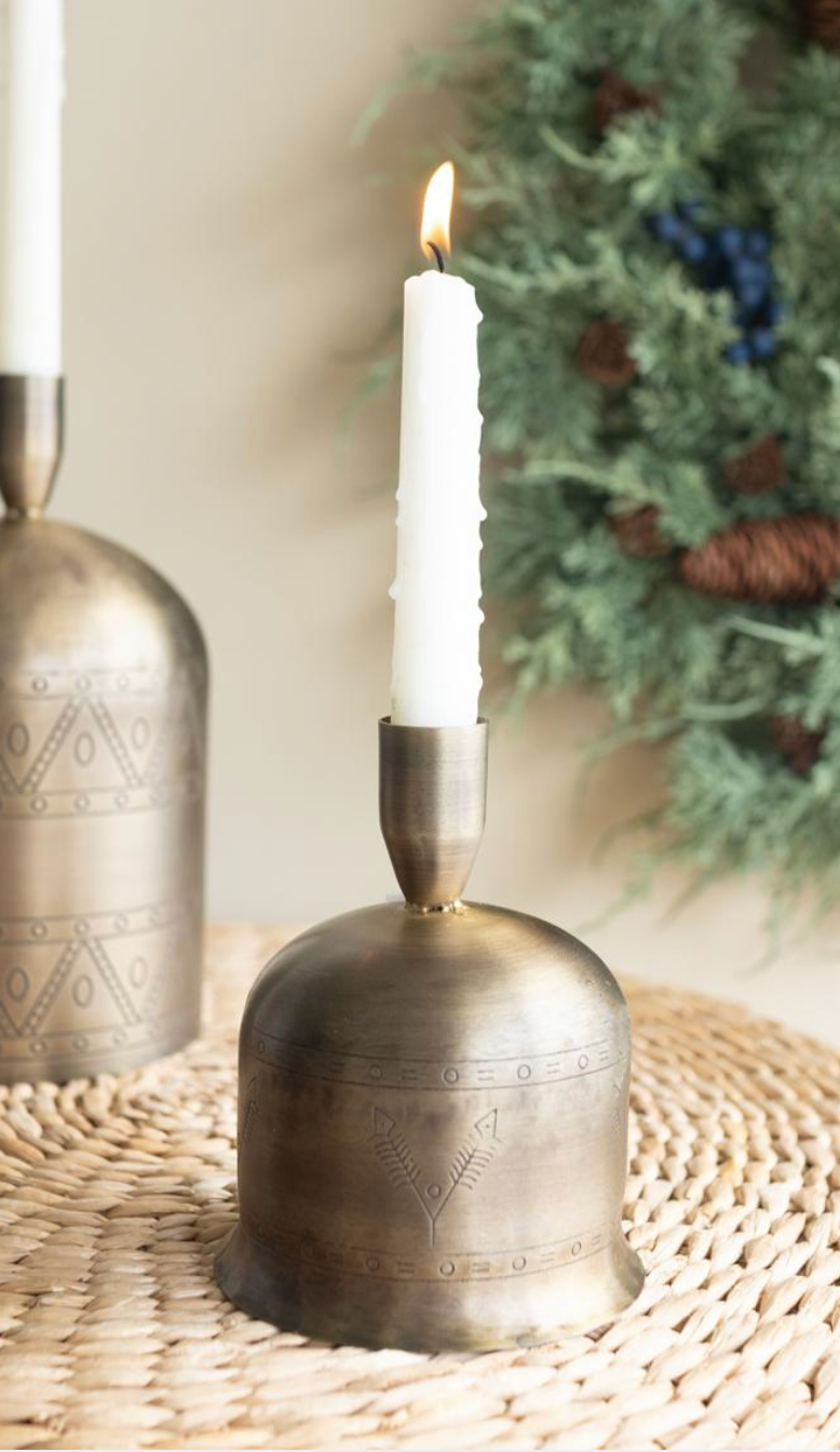 ANTIQUE BRASS BELL TAPER CANDLE HOLDER