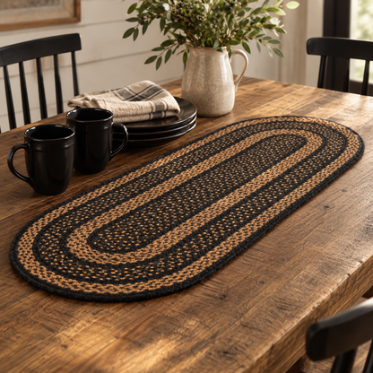 Black & Tan Braided Jute Table Runner 13x36