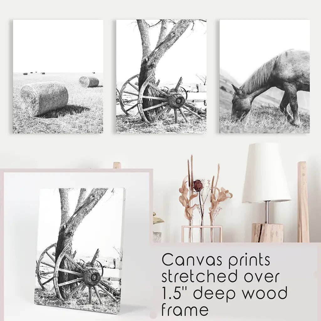 8” x 10” Black White Farm House Wall Décor. Horse Print. Hay Bales-Sold seperately-No Frame
