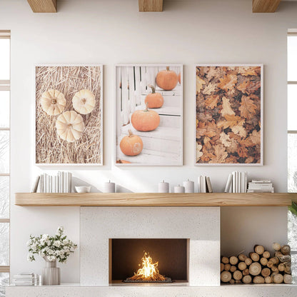 8” x 10” Cozy Fall Wall Art. Pumpkins and Autumn Leaves-Set/3-No Frames