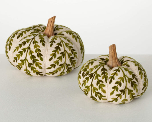 Cream Plush Pumpkin w/Green Leaf Design- Lg