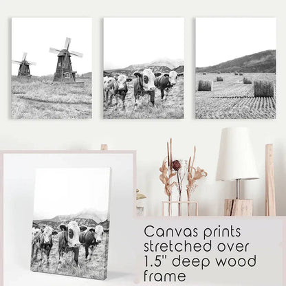 8” x 10” Farmhouse Black White Wall Art. Windmill, 3 Cows, Hay Bales-sold  separately- No Frame