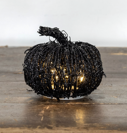 4.5” Lighted Black Glitter Rattan Pumpkin