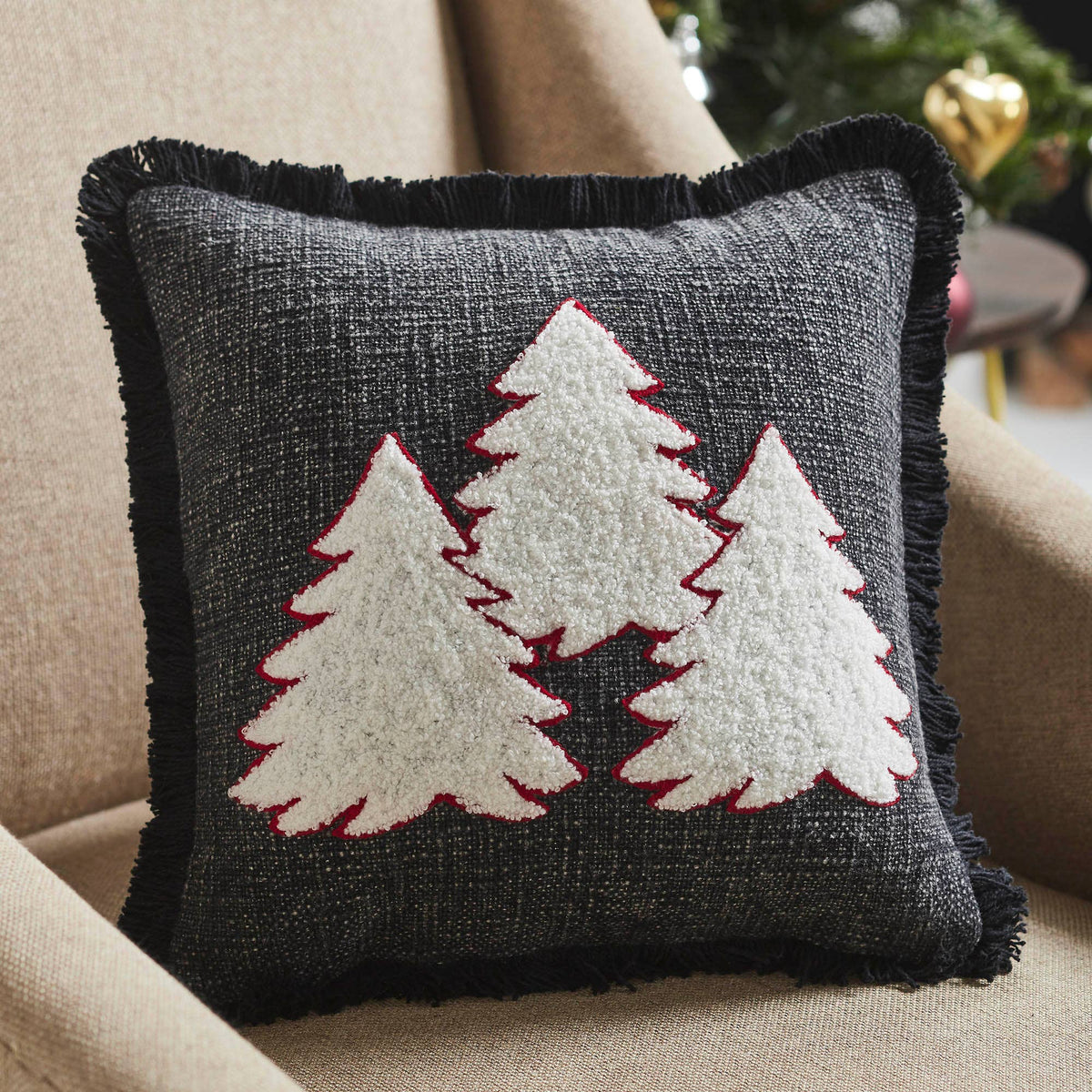 3 Christmas Trees Black Woven Throw Pillow 12x12