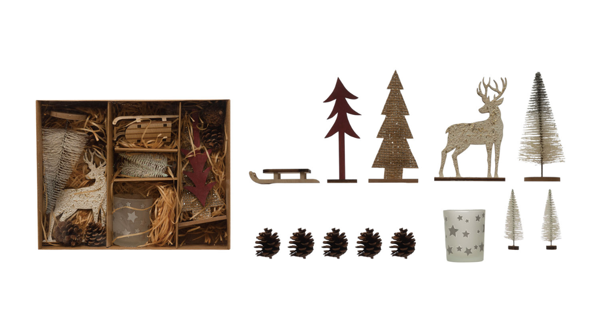 Garden Kit w/Bottle Brush Trees, Tealight & Wood Figures-S/13