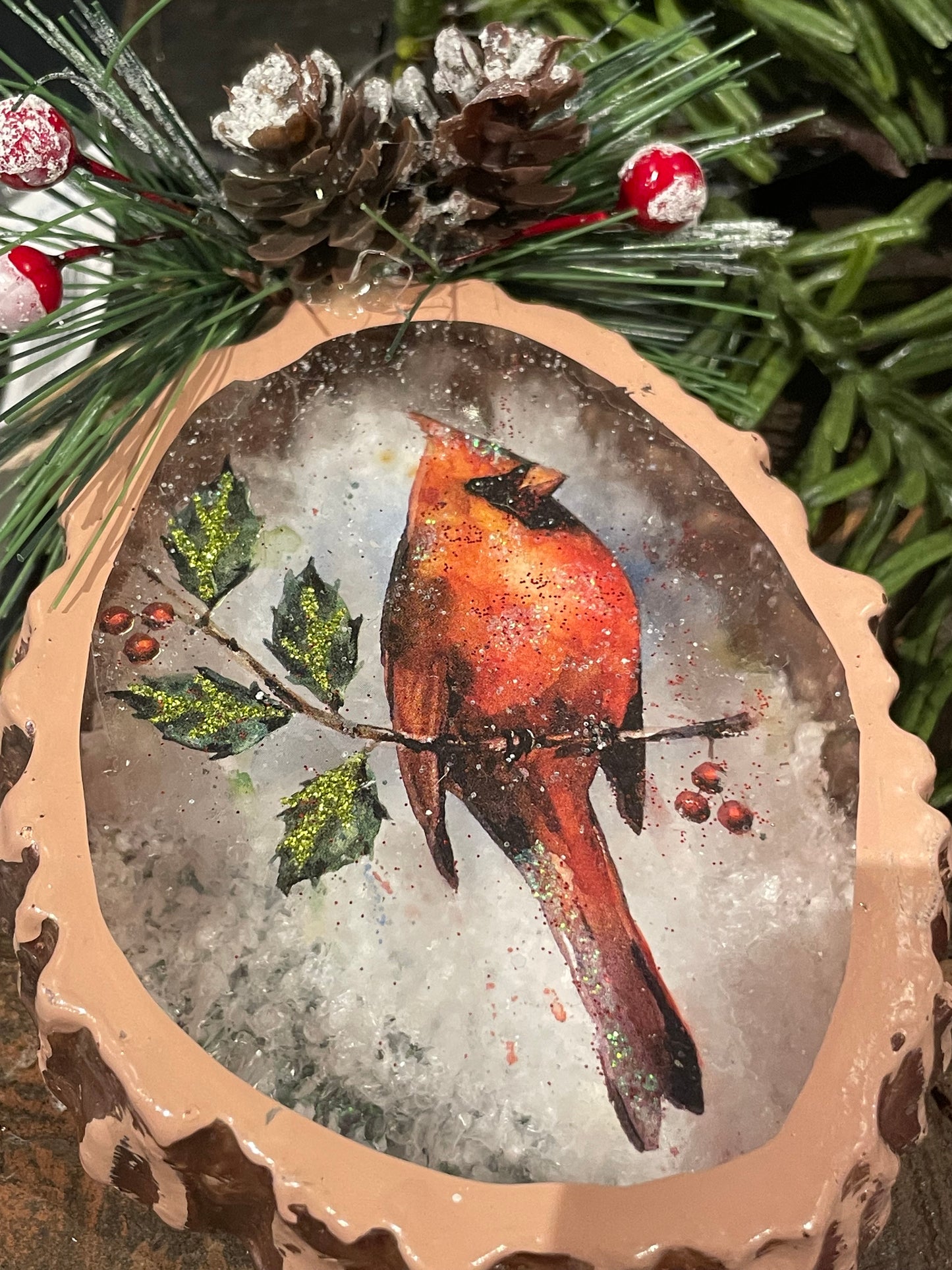 Cardinal Glass Ornament w/Snow & Evergreen Accent